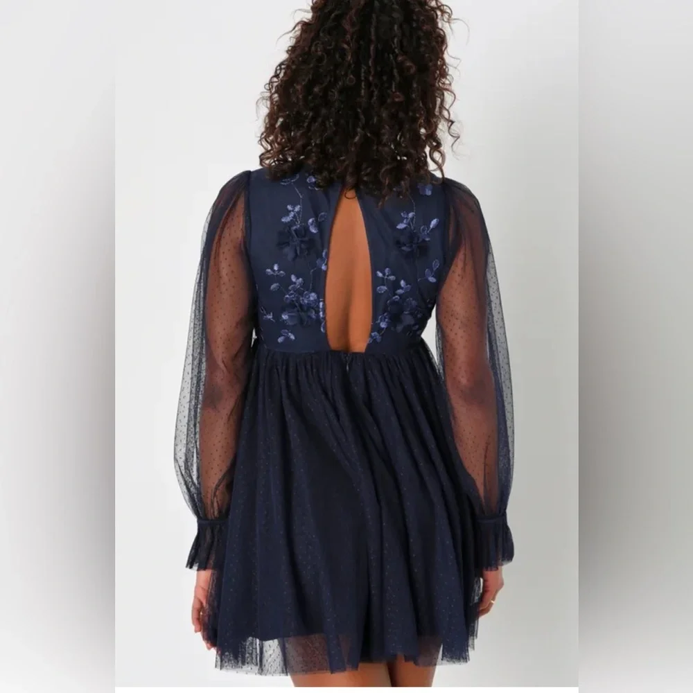 Elegant Navy Blue Dress Instinctively Adorable Navy Mesh SwissDot Babydoll MN127 - Picture 3 of 7